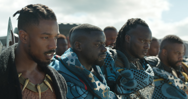 Killmonger (Michael B. Jordan) and W’Kabi (Daniel Kaluuya) and the Border Tribe in Black Panther